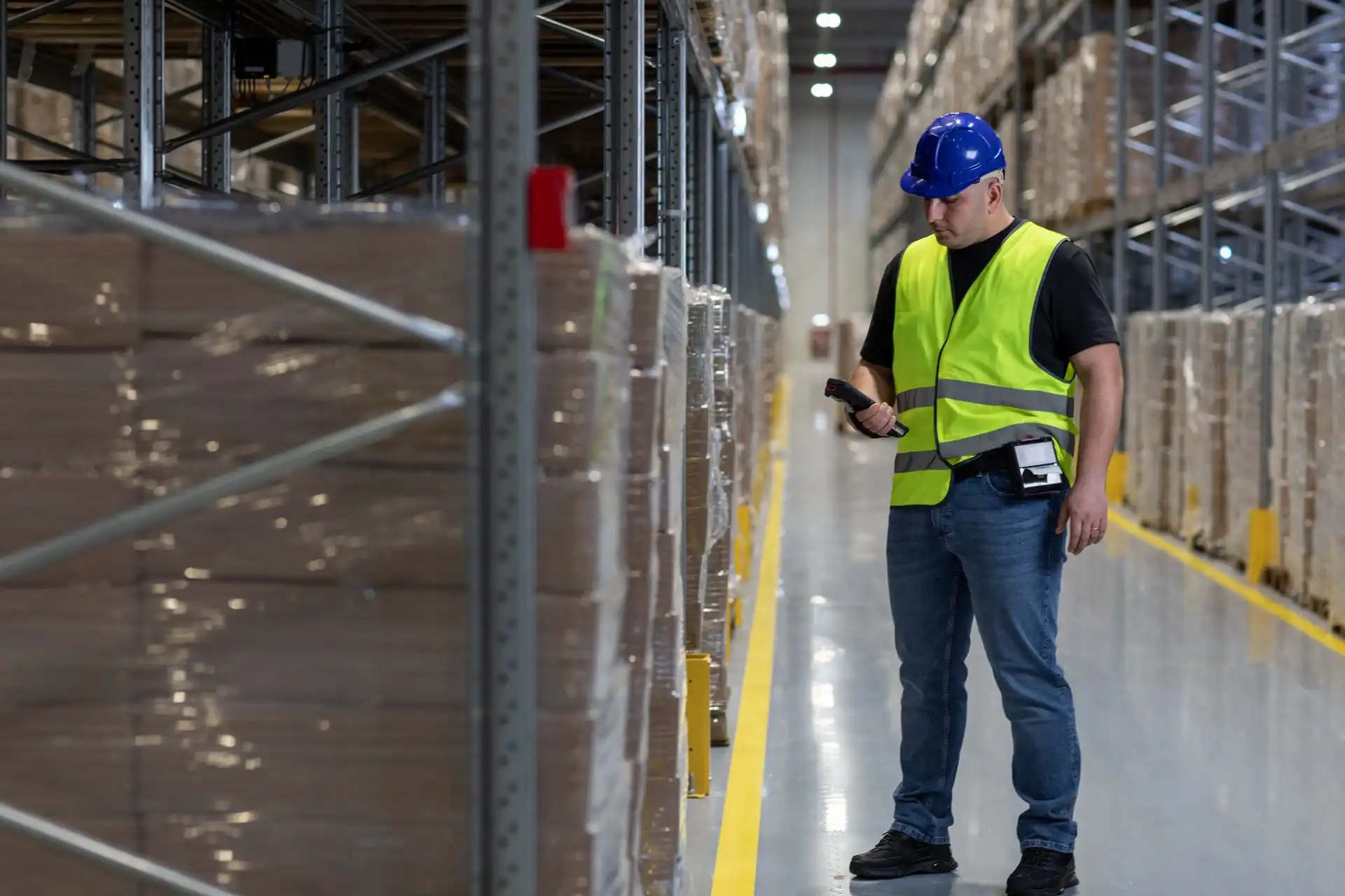 Kézi vonalkódolvasó dobozokat azonosít raktári polcrendszeren